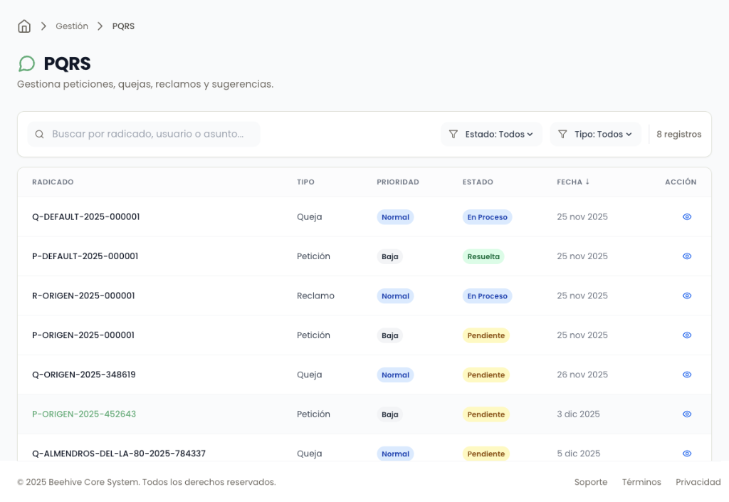 Panel Administrativo Beehive - Gestión de PQRS